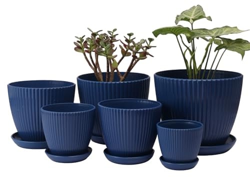 IHDYPPEW 12 Stück Pflanzgefäße, 3,5/4,5/5/6,5/19,1 cm große Blumentöpfe, elegante Blumentöpfe mit Drainagelöchern und Untersetzer für Innen- und Außenpflanzen (6 Größen, Dunkelblau)