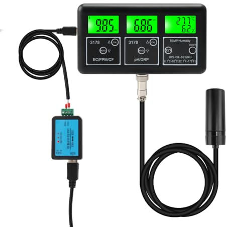 YIYEGO 7 in 1 pH-Monitor Feuchtigkeit Temp ORP TDS EC CF Wasserqualität Tester, kontinuierliche Überwachung PPM Meter für Aquarien, Hydroponik, Pools Tanks, USB zu Computer-Monitor RS485-Modul