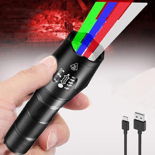 LUXJUMPER 4 Color in 1 LED Torch, Multicolor Tactical Torch Red Green Blue White Flashlight Rechargeable LED Torches Zoomable 4 Modes Hunting Light for Hunting