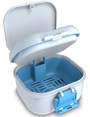 BVN Auslaufsicher Prothese Box, Aufgewertete Trageaufbewahrung, Zahnbadbox Mit Filter, Zahnschale Zum Einweichen Von Zahnersatz, Reise Retainer Reinigungskoffer Für (weiß+blau).