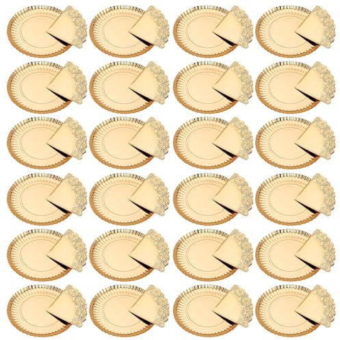 Tradienur - Pack de 24 bandejas y blondas redondas - Fabricación de cartón que incluyen blondas caladas 100% reciclables - Apto para uso alimentario - Ø 23 cm - Color Dorado