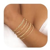 Finrezio 3-5 Stück Armband Damen Gold 14 Karat Vergoldet Stapelarmbänder Edelstahl Figaro Perlen Ketten Armbänder Verstellbare Armband Set Wasserdichter Gold Schmuck für Damen
