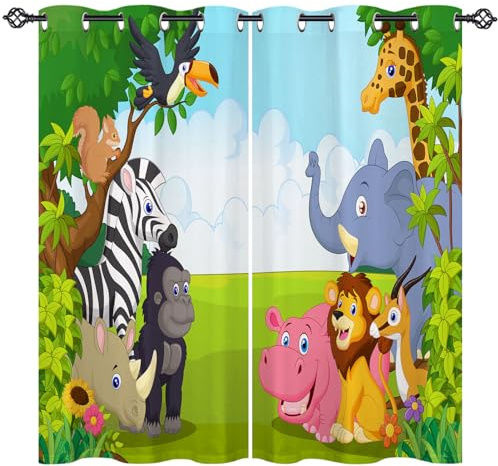 ANHOPE Safari Giraffe Löwe Elefant Verdunklungsvorhänge mit Ösen Blickdichte Gardinen Thermo Vorhänge Blackout Curtain Kinder Jungen Mädchen Wohnzimmer Schlafzimmer Vorhang 2er Set H 160 x B 77 cm