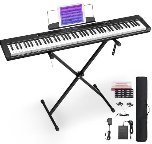 Starfavor Piano Keyboard 88 Keys Full-size, Digital Piano Semi Weighted Keyboard, Bluetooth MIDI Chargeable Portable Electronic keyboard with Piano Stand, Sustain Pedal, Carrying Bag, SP-88S Black