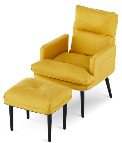 CLIPOP Ohrensessel mit Hocker, Relaxsessel mit Liegefunktion, Sessel & Ottomane, Polsterstuhl & Kissen, Fernsehsessel, TV-Sessel für Schlafzimmer, Wohnzimmer, 65x65x85 cm (Baumwoll-Leinen Gelb)