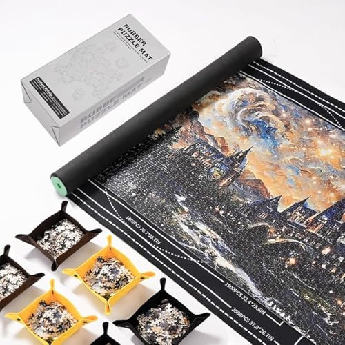 HuangDou Jigsaw Puzzle Mat Roll Up 44” x 30” Portable Keeper for up to 3000 Pc Slip Smooth Polyester Includes 6 Sorting Trays & Travel Friendly Storage Bag (500—2000 Pieces)