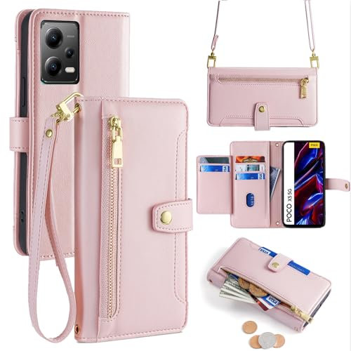 betterfon Hülle Kompatibel mit Xiaomi Redmi Note 12 5G | Leder Handyhülle Praktische Handykette Kartenfächer Brieftasche Umhängetasche Kompatibel für Redmi Note 12 5G | Rosa