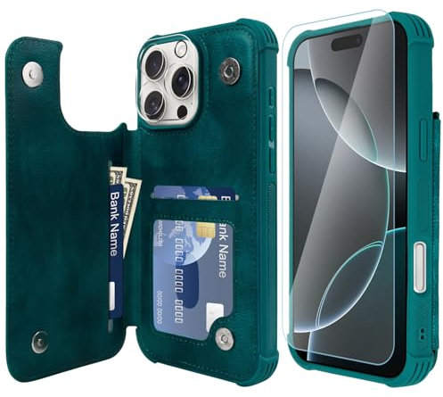 VANAVAGY Compatible for iPhone 16 Pro Wallet Case with Credit Card Holder,Rfid Leather Flip Folio Phone Cover Fits Magnetic Car Mount and Stand with Screen Camera Protector,Midnight Green