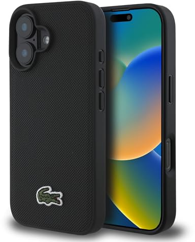 Lacoste Schutzhülle aus PU-Kunststoff, ikonisches Petit Piqué, gewebtes Logo, mit MagSafe, kompatibel mit iPhone 16 Serie (Schwarz, iPhone 16)