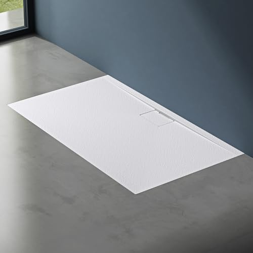 doporro Duschtasse Duschwanne 80x90x3 flach Mineralguss in Weiß | Rechteckig Duschwanne für bodengleiche Montage mit DIN-Anschlüssen – stabil & pflegeleicht für moderne Duschen Geoma07