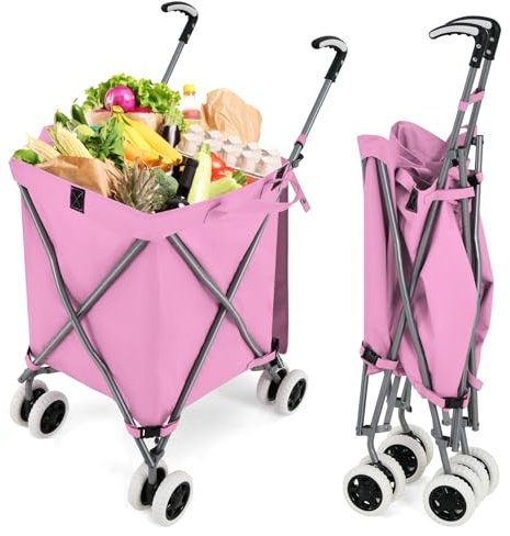 GYMAX Chariot de Courses Pliable, Caddie de Courses en Métal avec Sac 90L, Charge 55KG, Chariot à roulettes Portables pour Shopping/Supermarché/Camping (Rose)