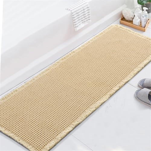 LINGKY Waffle Badematte rutschfest Badezimmerteppich mit rutschhemmender Rückseite Weich Badteppich Saugfähige Badvorleger Waschbar Duschvorleger für Badezimmer - 60x180 cm, Beige
