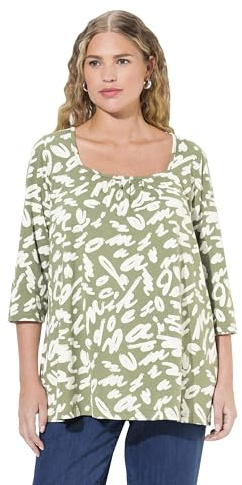 Ulla Popken Damen große Größen Übergrößen Plus Size Shirt, A-Linie, Zierfalten, Carree-Ausschnitt, 3/4-Arm salbeigrün 50+ 834108422-50+