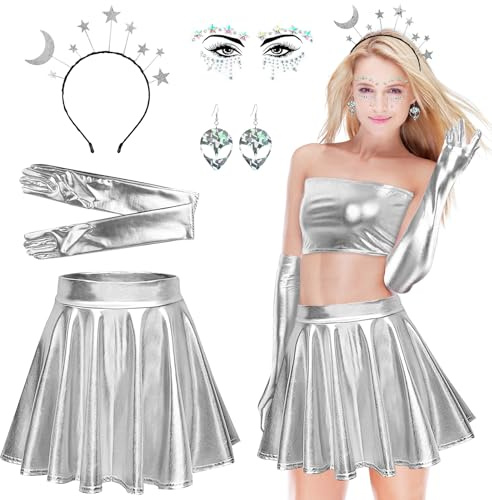 Joellfuner Alien Kostüm Set für Damen, 5 Stück Cosplay Metallic Glitzer Outfits, Metallischer Faltenrock, Handschuhe, Ohrringe, Sterne Mond Haarreif, Diamant-Aufkleber, für Karneval Mottoparty (M)
