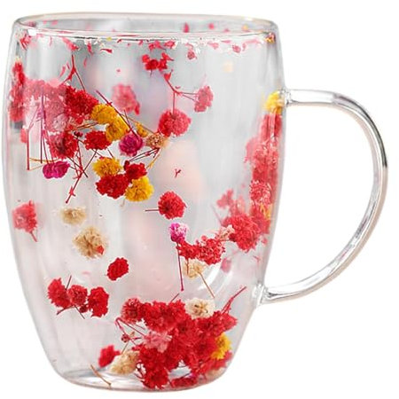 Kaxenig Tasse En Verre À Double Paroi De Fleurs Séchées, 350 ML Tasse À Café À Double Paroi, Tasses À Café En Verre Avec Poignée, Tasse À Café À Fleurs Isolées