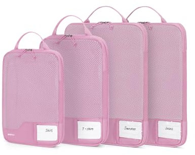 ECOHUB 4-Teilige Kompression Koffer Organizer, Packing Cubes mit Tag, Recycelten Packwürfel Set für Rucksack & Koffer, Maschenverstärkung Packtaschen für Koffer, Reise Organizer, Patent Anhängig(Rosa)
