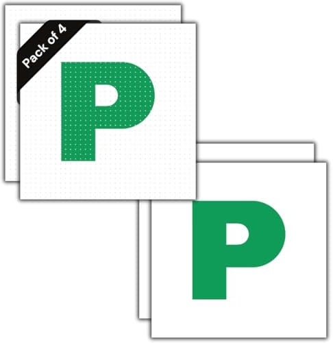 P Plate Stickers for New Driver | Micro-Perforated Tech: See-Through Inside, Bold Outside | Includes Both Micro-Perforated & Solid Vinyl Stickers | 7x7 | C&J Goods (4 Pack)