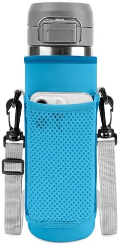 Linkidea Water Bottle Carrier with Strap Compatible with Stanley Quick Flip GO 24/36oz, IceFlow Fast Flow 24/36oz, Waterbottle Sling Bag Holder, Shoulder Strap with Phone Mesh Pocket, Blue