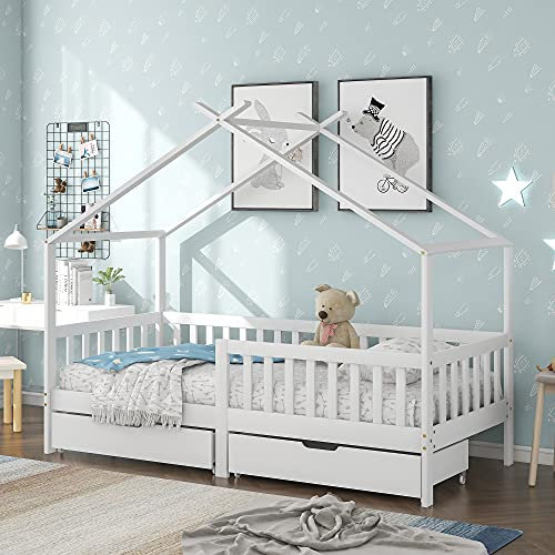 Wuudi (Not Allowed to Sell on Germany) Schönes Hausbett, Kinderbett, mit 2 Schubladen, Massivholz mit Zaun und Lattenrost, Kinder- und Jugendzimmer mit Absturzsicherung, weiß (200x90 cm)
