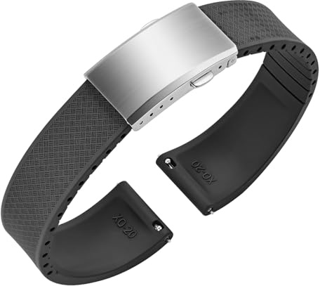 ULLCHRO FKM Rubber Watch Strap, Cut to Size Quick Release Fluororubber Watch Band Soft Replacement Watchband with Silver Milled Clasp for Men Women 18mm 19mm 20mm 21mm 22mm (22mm, Black