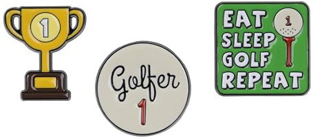 Golf Themed Gift Set Collection Of 3 Pin Badges Including Golfer 1 Golf Ball, 1st Place Trophy And Eat Sleep Golf Repeat