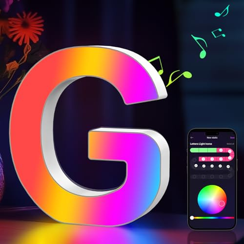 Cpeelsdo LED Buchstaben Lichter Alphabet RGB Farblich, Led Leuchtbuchstabe mit USB-Netzteil, APP-Kontrolle, Dimmbar, Dekoration für Geburtstag Weihnachten Hochzeit Party Valentinstag - Buchstaben G