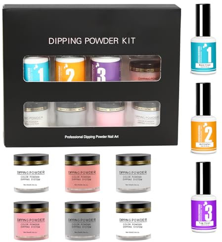 Mondinchic 6 Colours Dip Powder Nail Kit - DIY Salon Design with Base and Top Coat Activator Nail Tools - Black Light Pink Nude White - French Manicure Kit