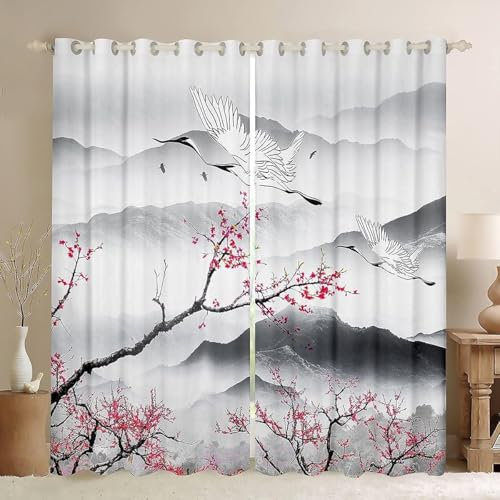 Tizhweqo Vorhänge Japanische Landschaft, Japanischer Vogel Blickdicht Gardinen Vorhang Japanische Landschaft Verdunklungsvorhänge mit Ösen Wohnzimmer Schlafzimmer 2 Stück 140x175 cm (BxH) B/C1745