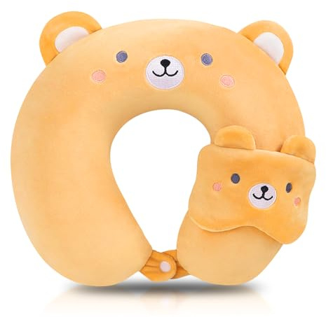 WoRuyKot 2 pcs Oreiller en Forme De u De Dessin Animé, Coussin de Voyage en Peluche, Oreiller De Voyage Animalier, Convient pour Les Voyages, Les Avions, Les Bureaux Et Les Maisons (Ours Brun Clair)