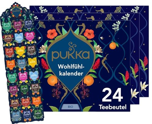 Pukka Bio Tee Geschenkset, Adventskalender, Wohlfühlkalender 2025, Umweltfreundlich, Keine Schokolade, Milchfrei, Geschenkidee, 12 Tee Varianten, 3 x 24 Teebeutel