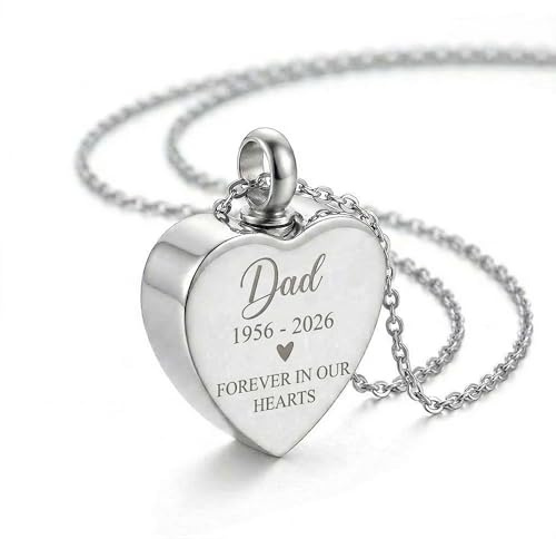 Personalised Heart Urn Necklace for Ashes Cremation Memorial Jewellery | Stainless Steel Pendant ,In Loving Memory of Dad, Mum, Grandad, Nanny,Custom Engraved Locket,Sympathy Gift