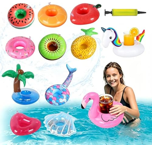 Shyllin 12 Piezas Soporte Inflable para Bebidas con 1 Bomba, Portabebidas Piscina,Portavaso Hinchable,Bandeja Flotante,para Fiestas en la Piscina, Playa, Hawaianas (A)