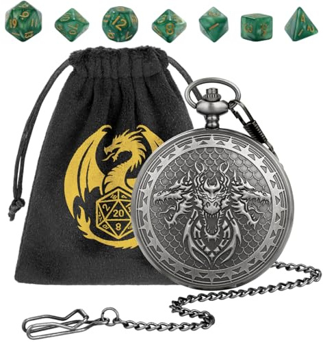 Set di Dadi Mini D&D, 7 Dadi Poliedrici in Acrilico Verde DND, con Tre Teste di Drago Cassa Orologio da Tasca, Argento Scuro