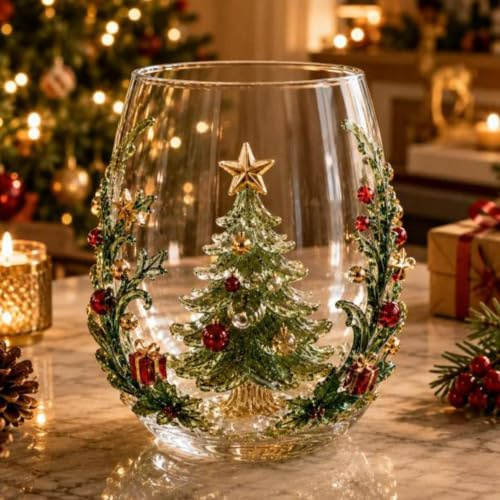 3D Christmas Glass Art Cup, Raised Holiday Glassware Stemless | Santa Decor Drinking Glass Cup, for Coffee, Tea, Juice, Milk, Home Festive Decor