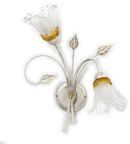 ONLI - applique da parete 2 luci in metallo bianco e argento con sfumature oro. Vetri a forma di calla. 2 x E14