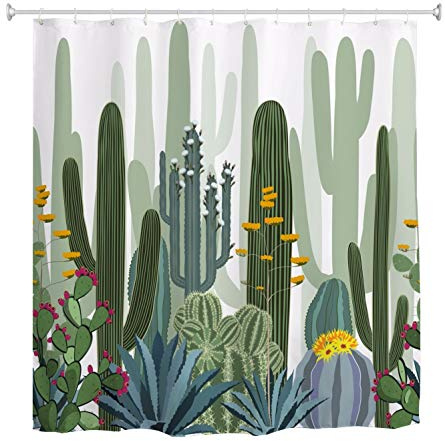 A.Monamour Acuarela Suculentas Cactus Bosque Verde Plantas Suculentas Flores Fondo Blanco Impresión Tela Impermeable Cortina De Baño Poliéster Cortina De Ducha con Ganchos Anillos 180x180cm