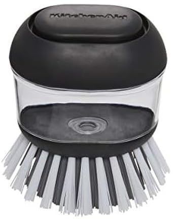 KitchenAid Soap Dispensing Palm Brush with Built in Easy to Fill Soap Dispenser, Non Slip Grip for Easy Cleaning, Safe on Non Stick Cookware, 2.95 x 2.17 x 3.54 inches, Black