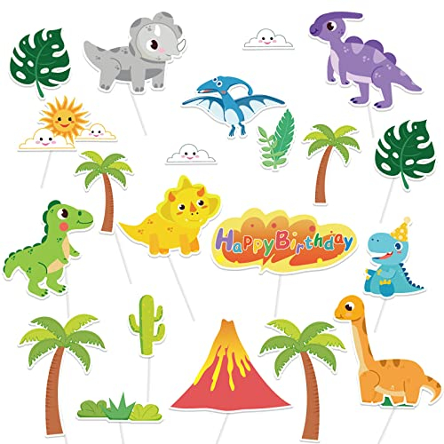 DPKOW 22pcs Dinosaurier Geburtstag Tortendeko, Cake Topper für Kinder Junge Kuchen Deko, Dschungel Dino Cupcake Topper für Fondant Muffins Deko Tischdeko