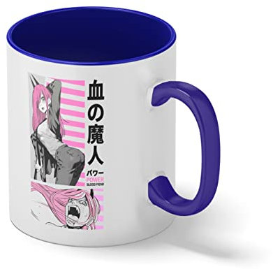 Power Chainsaw Anime Gore Denji Pochita Makima Blanc tasse de café avec le bleu et poignée Rim Mug