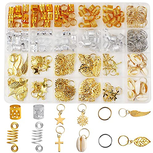 220 Stück Haarschmuck Dreadlocks, Braids Schmuck, Dreadlocks Schmuck, Hair Beads for Braids, Hair Rings mit Box, Metall, für Zöpfe, Haarverlängerungen, Dreadlocks Dekoration (Gold und Silber)