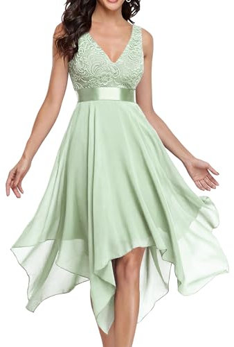 Ever-Pretty Robe de Cocktail Asymétrique au Genou Femme Double Col-V sans Manche en Dentelle Mousseline de Soie Vert Menthe 40