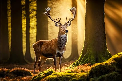 adrium Acryl-Bild 80 x 50 cm: Hirsch blickt auf die Frühlingssonne im Wald mit grünem Moos und hohen Bäumen, generativer ai (198623149)