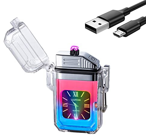 SKRFIRE Electric Lighter Rechargeable Plasma Lighter Outdoor Windproof Lighter Double Arc Clear Lighter with Seven Colours Lights and Dial (Pink and Blue)