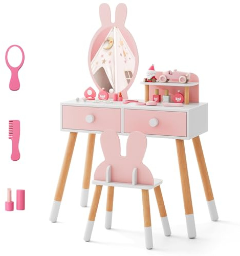 COSTWAY Kinder Schminktisch Set mit Kaninchen Design, 2-in-1-Frisiertisch mit Spiegel, 2 Schubladen & Ablage, Schminkset mit Massivholzbeinen für Mädchen (Rosa)
