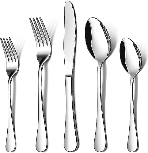Cutlery Sets, 20 Piece Stainless Steel Flatware for 4 People, Tableware Silverware Set with Steak Knife and Fork Sets, Elegant Design, Mirror Polished and Dishwasher Safe (Silver)