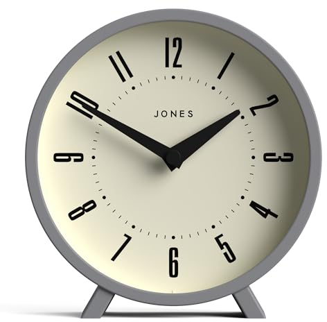 JONES CLOCKS® Venus schreibtischuhr | Modernes rundes Design | Grau | Stilvoller retrolook für Regal, Tisch, kaminsims oder nachttisch