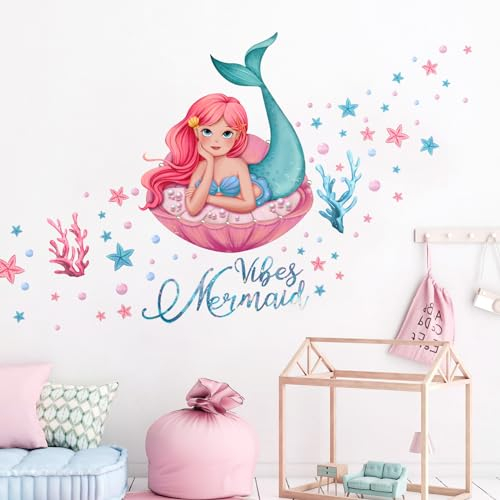 Tanlaby Meerjungfrau Mädchen Wandaufkleber Mädchen und Korallen Wasser Pflanzen Wand Kunst Wandsticker Abnehmbar Selbstklebend Wandaufkleber für Kinderzimmer Baby Wohnzimmer Kinderzimmer Dekoration
