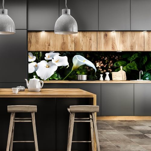 wandmotiv24 Küchenrückwand Calla Weiß grün Laub Wald Urwald Lotus 210 x 60cm (B x H) - Aluminium 3mm Nischenrückwand, Spritzschutz, Fliesenspiegel-Ersatz, Deko Küche Natur Entspannung Blume M1239