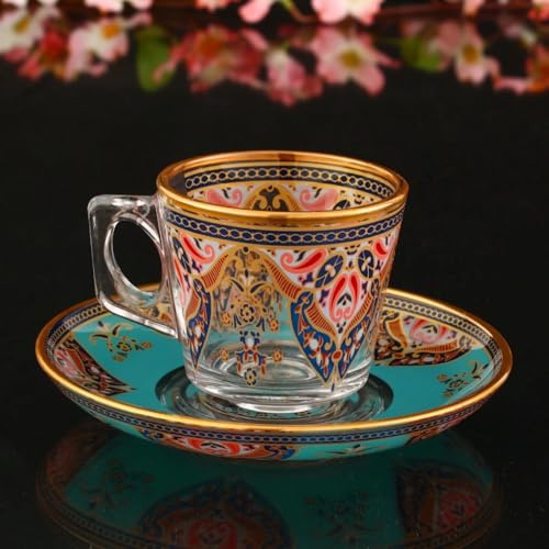 ABKAKRISTAL Turquoise Gold Embroidered Turkish Tea Cup & Saucers Set for 6 People, 63 97301 GK95