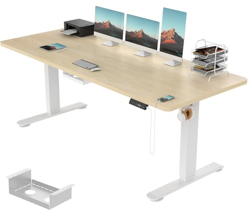 Devoko Höhenverstellbarer Schreibtisch 200x80 cm, 3 Memory-Handsteuerung mit USB-A, Elektrischer Schreibtisch Höhenverstellbar mit 18 MM Tischplatte, Sitz-Stehpult für Büro Homeoffice, Beige&Schwarz